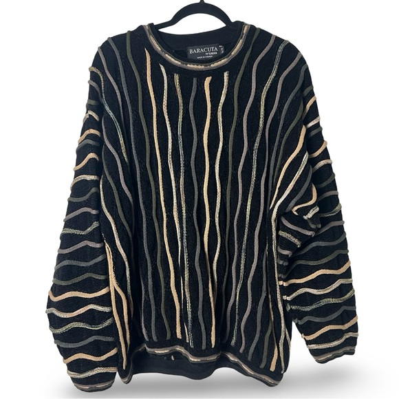 VTG Men’s 90s Baracuta by Tundra 3D Textured Knit Sweater Black Neutral XL